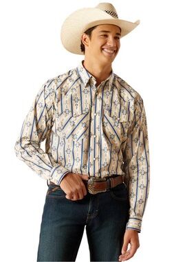 ARIAT Men's Western Print Button-Up Shirt - Cream & Blue